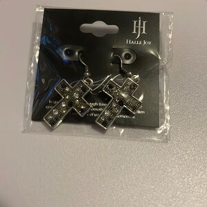 Devotion Cross Earrings Silver With Black & Clear Crystals